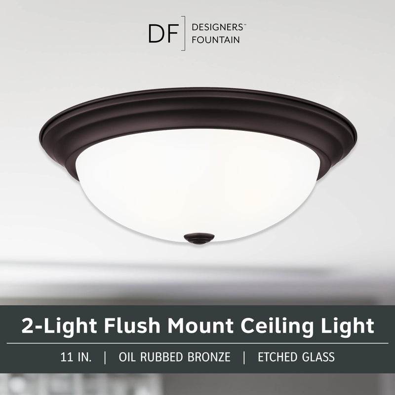 DESIGNERS FOUNTAIN Reedley 2-Lights Flush Mount Ceiling Light, 11 Inch Lighting Fixture for Kitchen, Bedroom, Bathroom, and Hallway, Oil Rubbed Bronze with Etched Glass, 1257S-ORB-W - Image 2